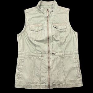 Merona Womens Utility Cargo Sleeveless Olive Vest Pockets & Front Zipper Size M